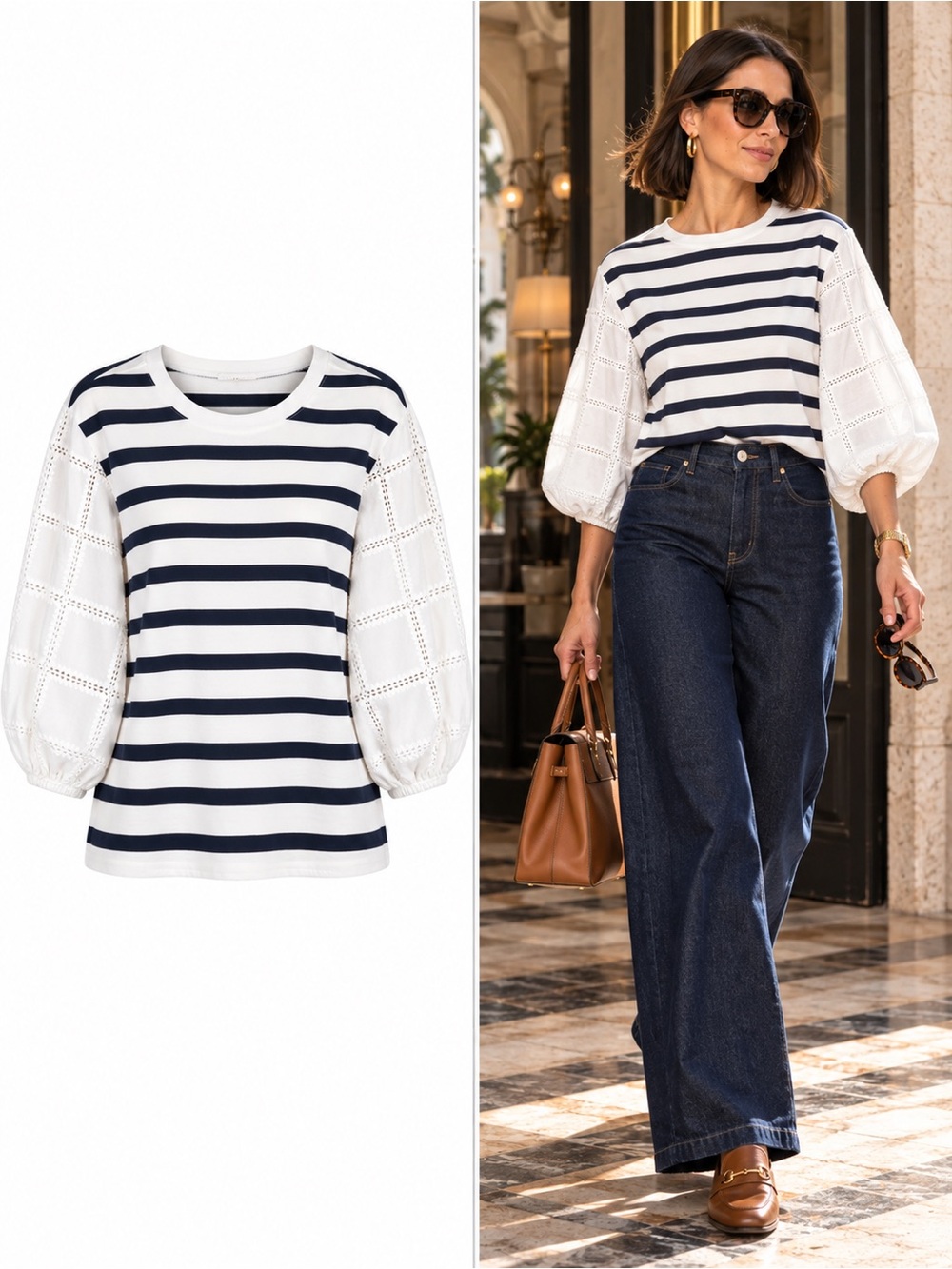 Vilagallo Eugen Navy Stripe Embroidered Crochet Sleeve Cotton Top Size Medium